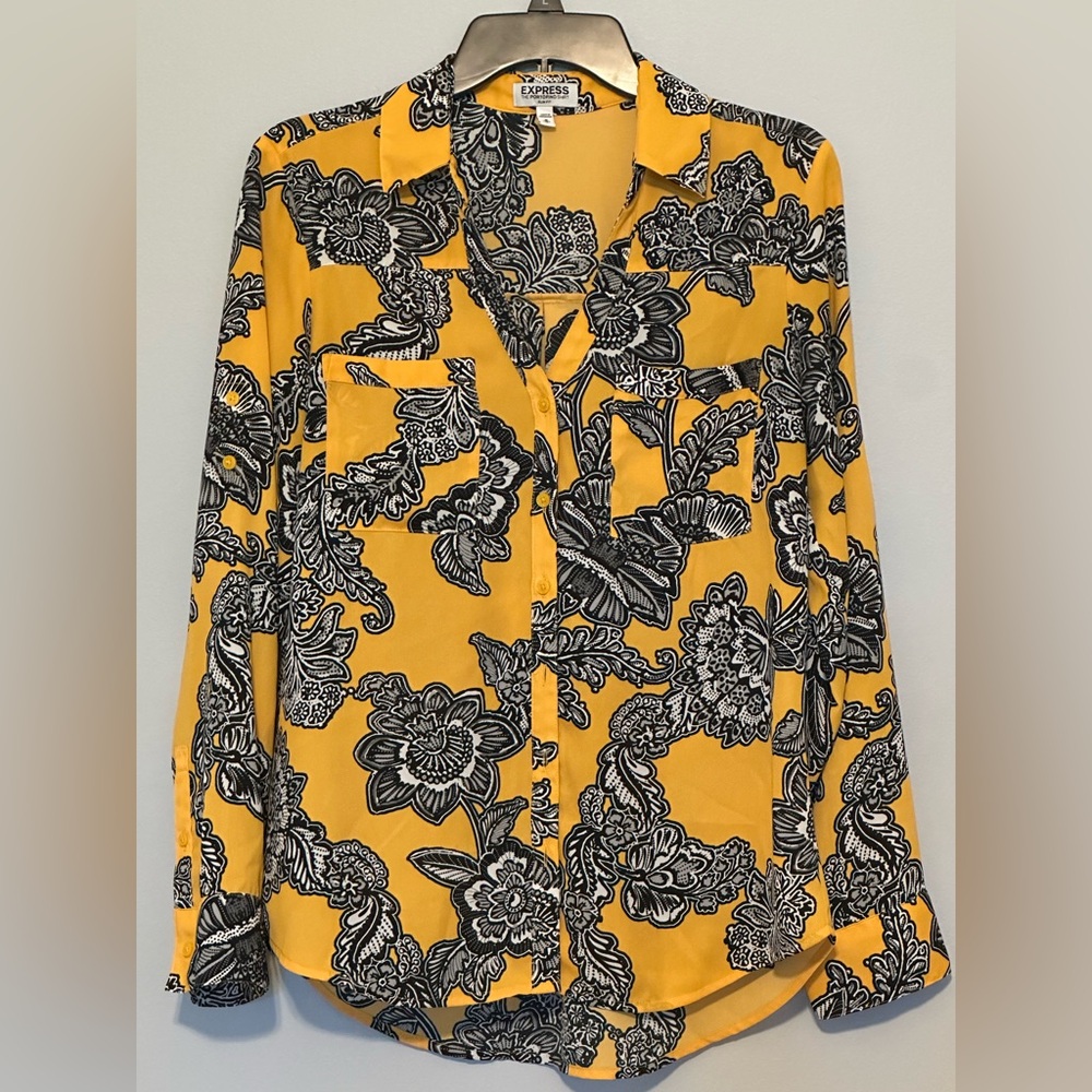 Express Yellow and Black Floral Portfolio Shirt